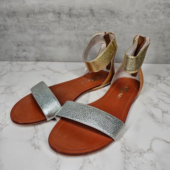 Yosi Samra Ankle Strap Flat Sandals‎ Zip Back Silver Gold Women 6M - Picture 4 of 9